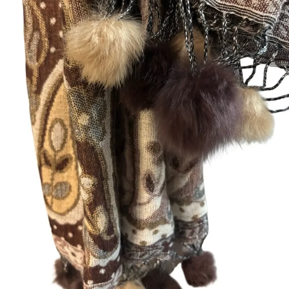 Boho Spanish Paisley Knit Scarf with Rabbit Fur Pom Poms – Brown / Tan – 62”